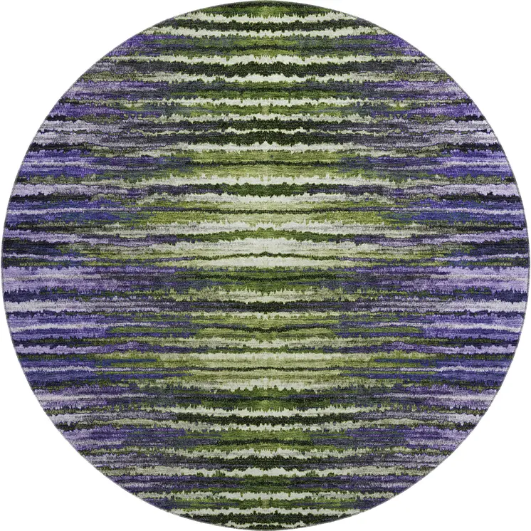 8' Purple Green And Ivory Striped Washable Round Rug With UV Protection