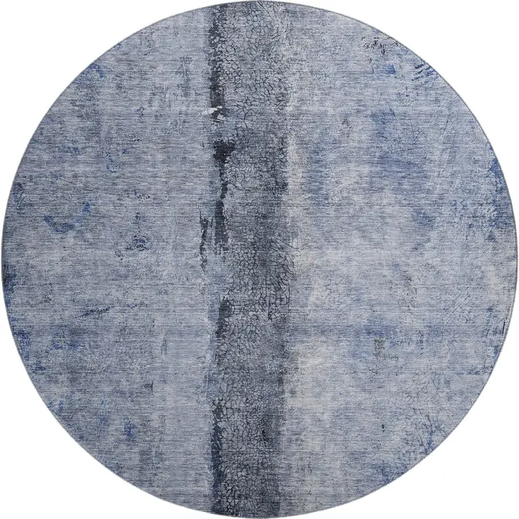 8' Denim Blue Gray And Ivory Abstract Washable Round Rug With UV Protection