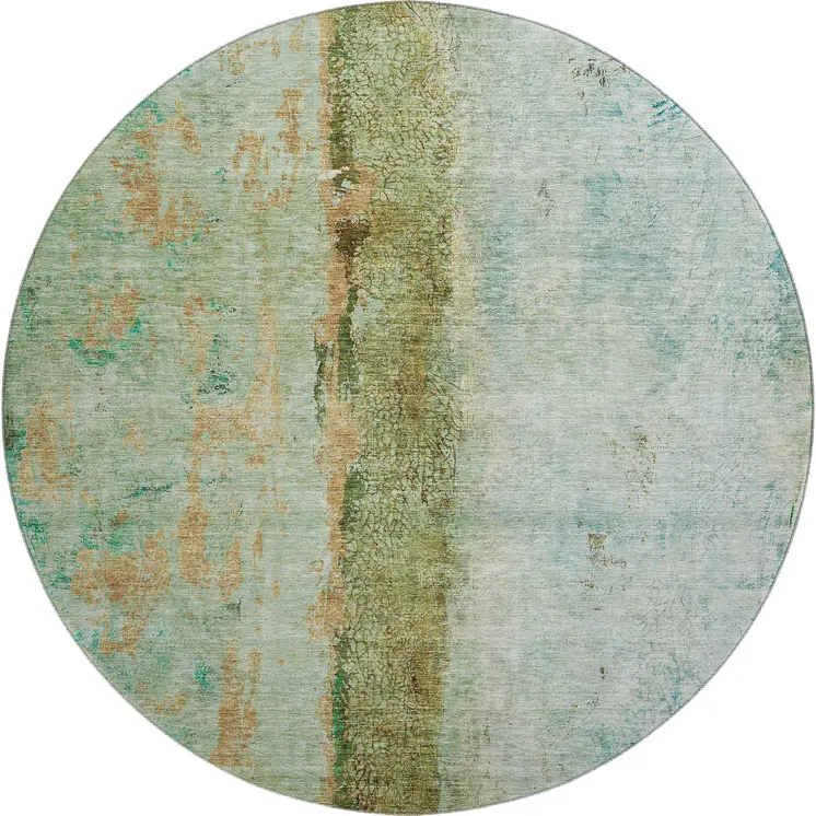 8' Green Blue And Gold Abstract Washable Round Rug With UV Protection