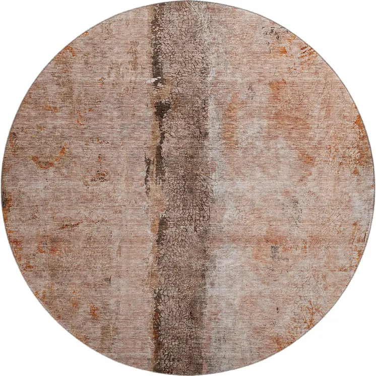8' Chili Red Brown And Ivory Abstract Washable Round Rug With UV Protection