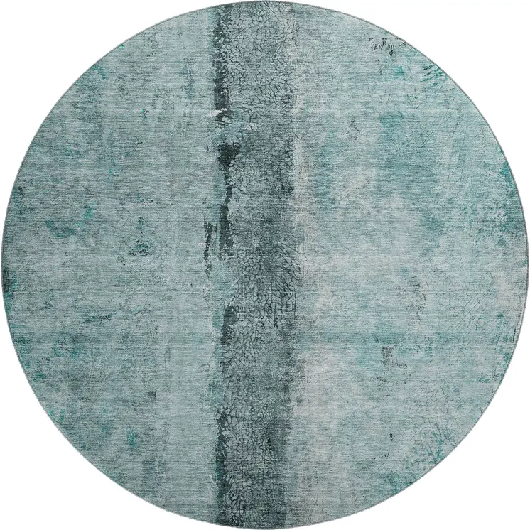8' Teal Gray And Ivory Abstract Washable Round Rug With UV Protection