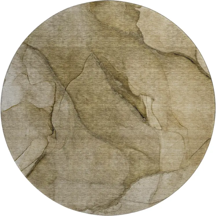 8' Brown Ivory And Beige Abstract Washable Round Rug With UV Protection
