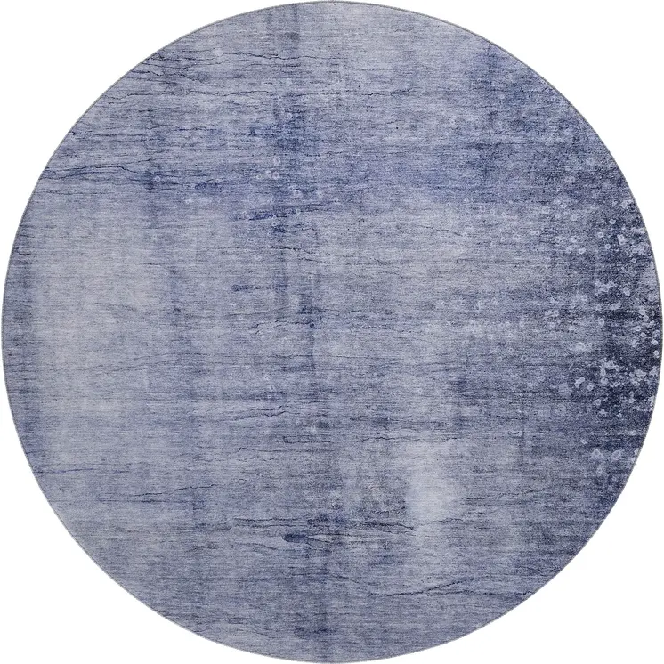 8' Navy Blue And Ivory Abstract Washable Round Rug With UV Protection