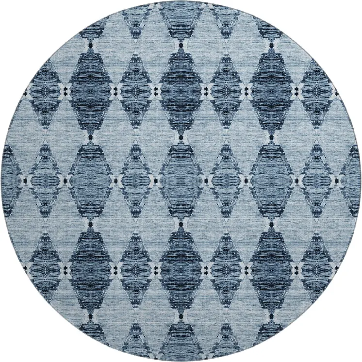 8' Blue And Ivory Moroccan Washable Round Rug With UV Protection