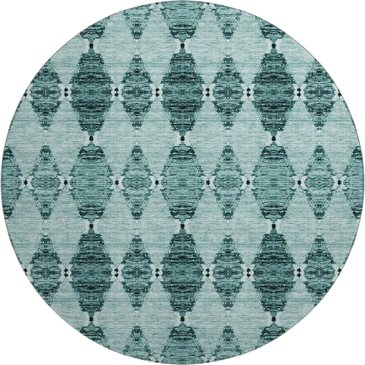 8' Teal And Ivory Moroccan Washable Round Rug With UV Protection