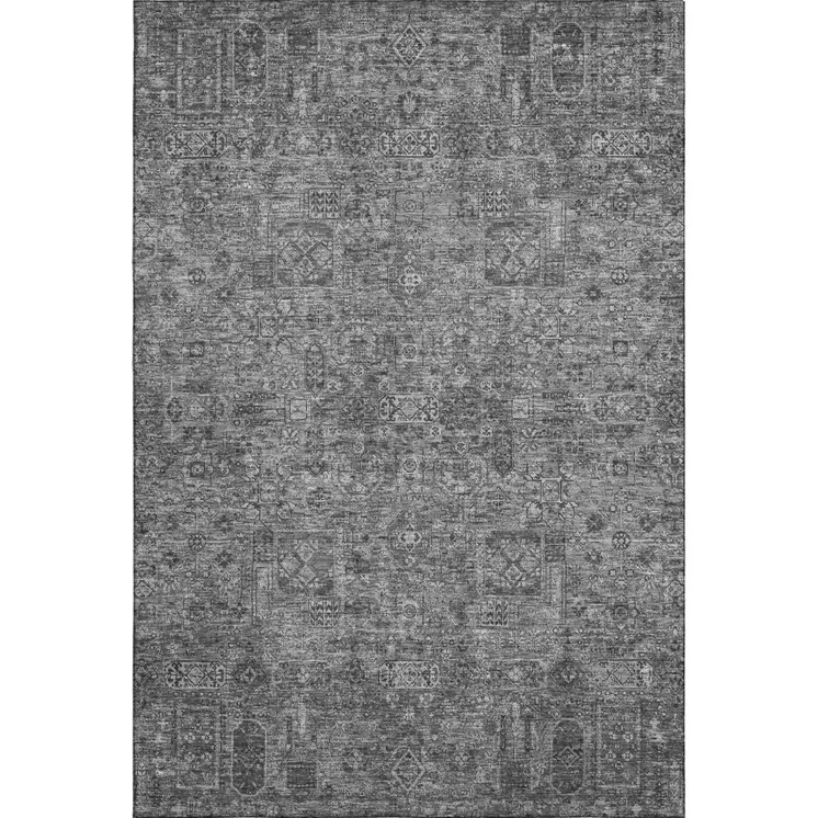 9' X 12' Charcoal And Silver Floral Washable Area Rug With UV Protection