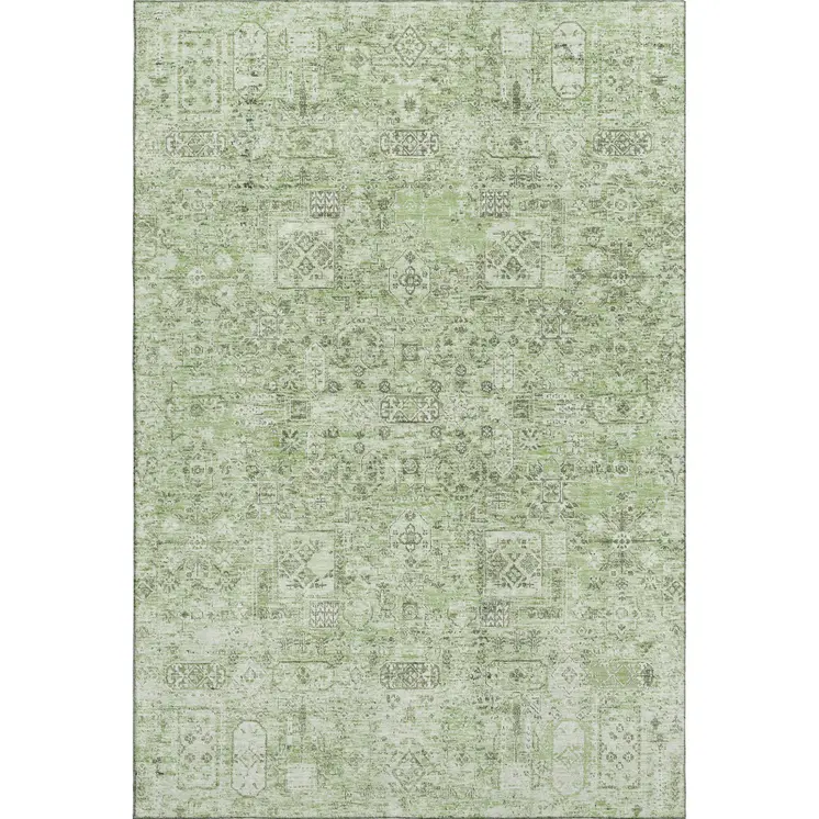 5' X 8' Green And Ivory Floral Washable Area Rug With UV Protection