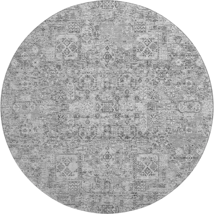 8' Gray And Silver Floral Washable Round Rug With UV Protection