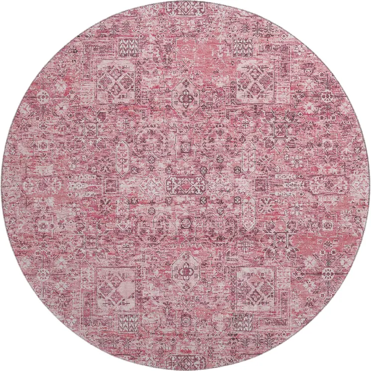8' Pink And Ivory Floral Washable Round Rug With UV Protection