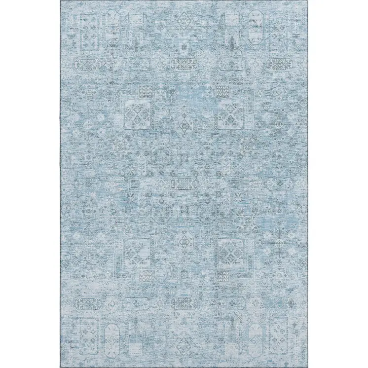 9' X 12' Sky Blue And Ivory Floral Washable Area Rug With UV Protection
