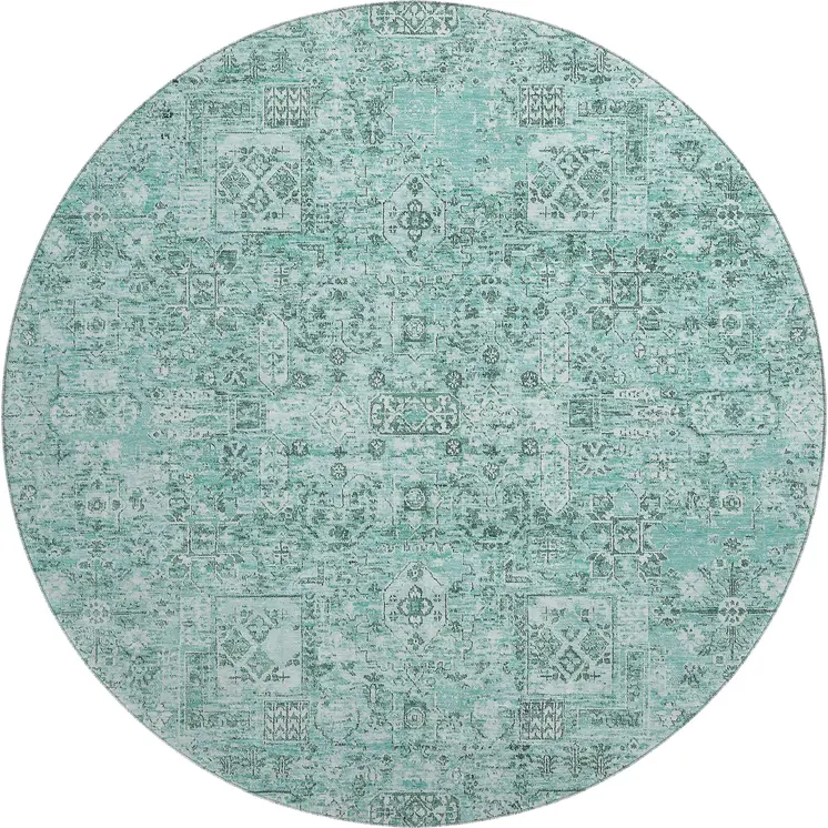8' Teal And Ivory Floral Washable Round Rug With UV Protection