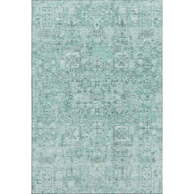 9' X 12' Teal And Ivory Floral Washable Area Rug With UV Protection
