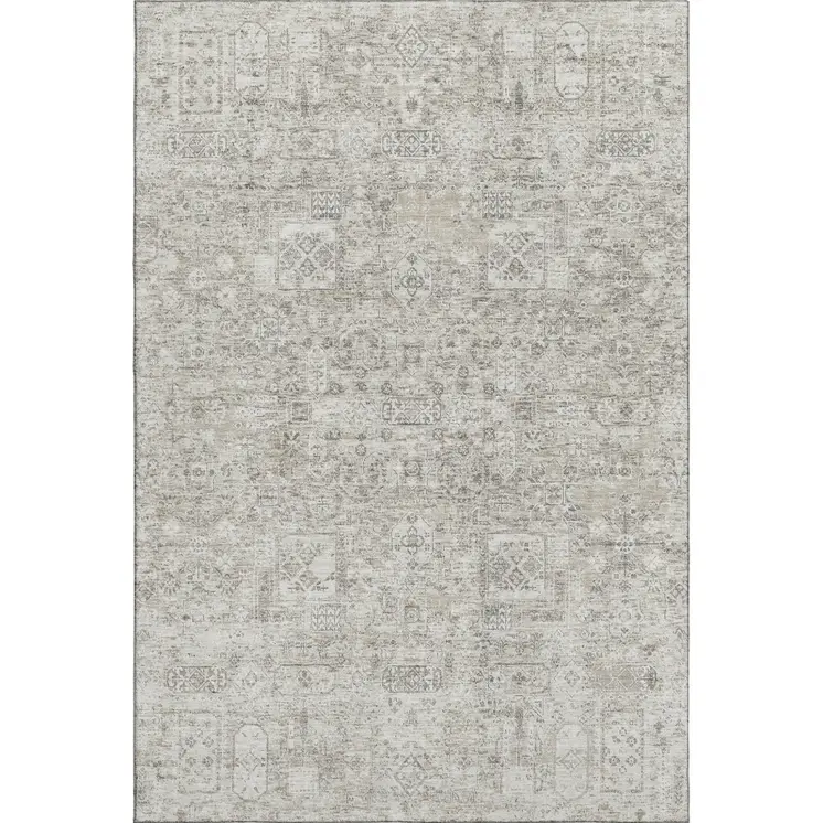 5' X 8' Taupe And Ivory Floral Washable Area Rug With UV Protection