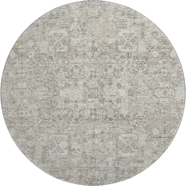 8' Taupe And Ivory Floral Washable Round Rug With UV Protection