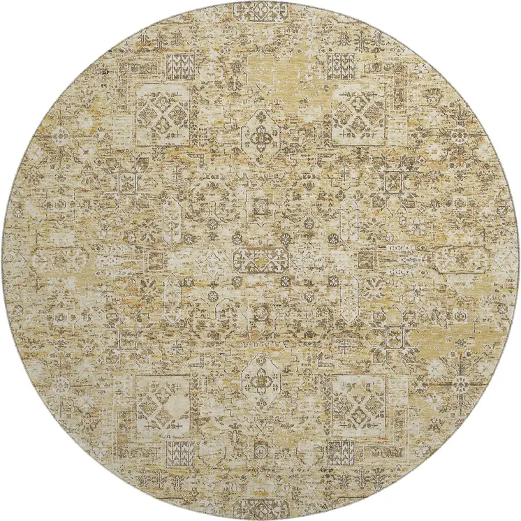 8' Wheat Gray And Ivory Floral Washable Round Rug With UV Protection