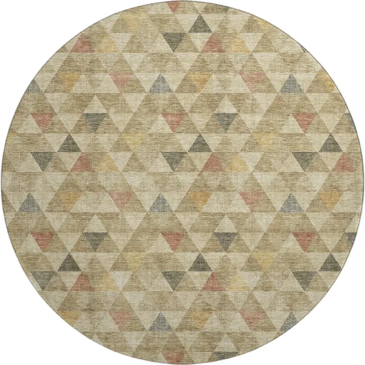 8' Beige Red And Salmon Geometric Washable Round Rug With UV Protection