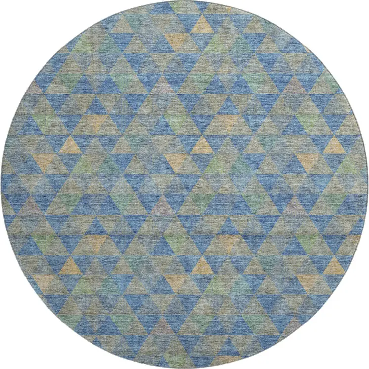 8' Blue Gold And Gray Geometric Washable Round Rug With UV Protection