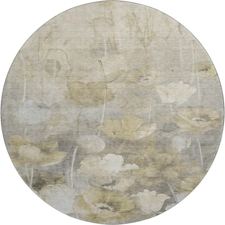 8' Beige Gray And Ivory Floral Washable Round Rug With UV Protection