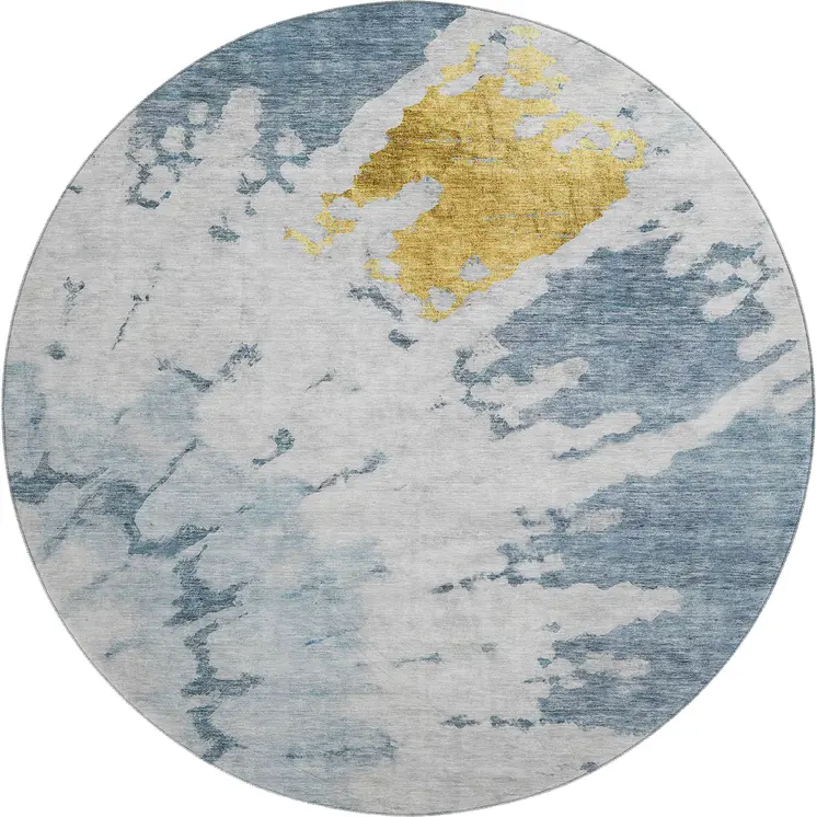 8' Blue Gold And Ivory Abstract Washable Round Rug With UV Protection