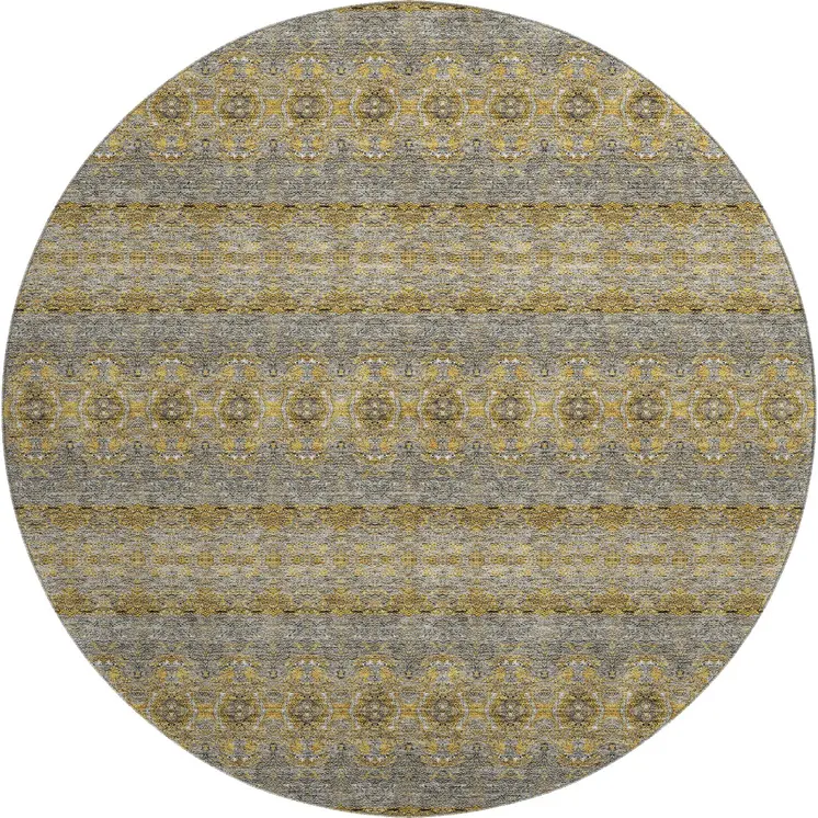 8' Gold Blue And Ivory Floral Medallion Washable Round Rug With UV Protection