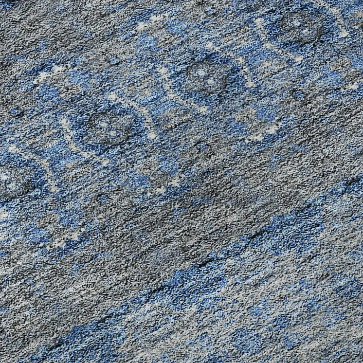 8' X 10' Navy Blue Gray And Ivory Floral Medallion Washable Area Rug With UV Protection