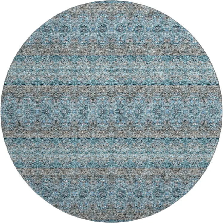 8' Teal Gray And Ivory Floral Medallion Washable Round Rug With UV Protection
