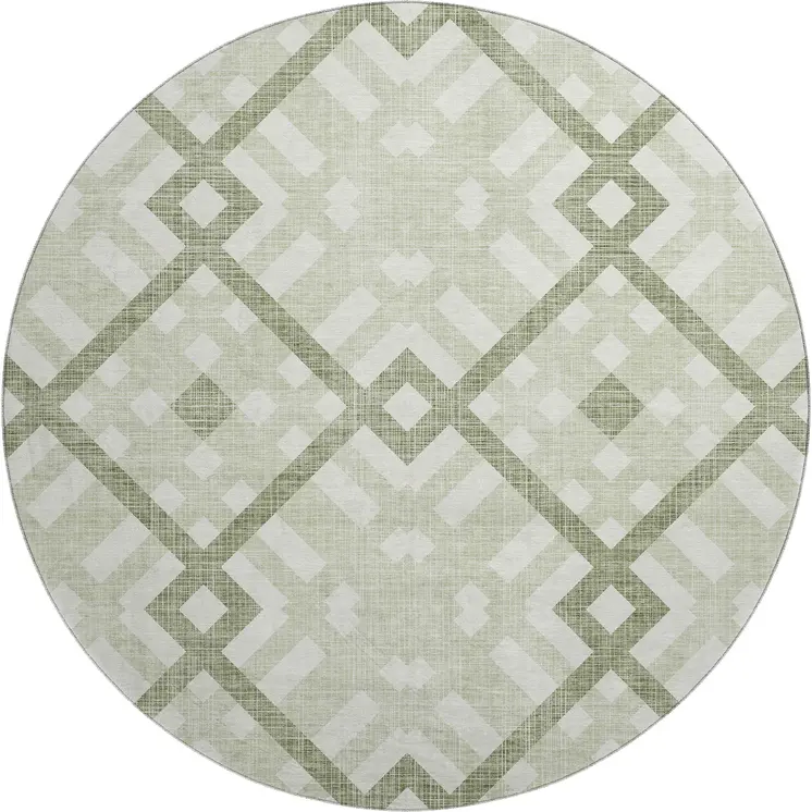 8' Artichoke Green And Ivory Geometric Washable Round Rug With UV Protection