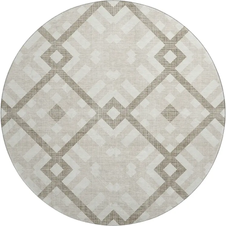 8' Beige And Ivory Geometric Washable Round Rug With UV Protection