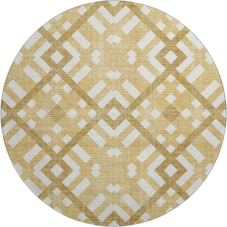 8' Gold And Ivory Geometric Washable Round Rug With UV Protection