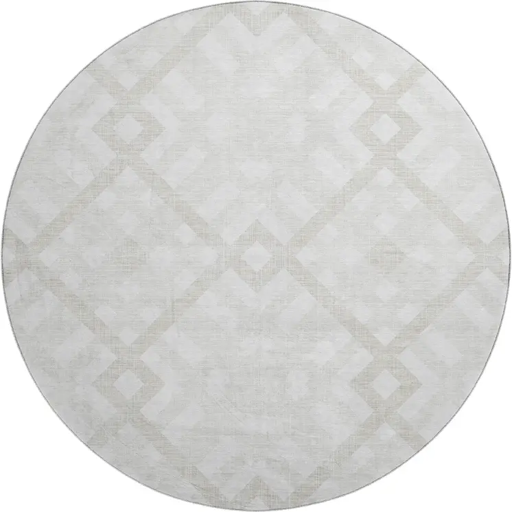 8' Ivory And Beige Geometric Washable Round Rug With UV Protection