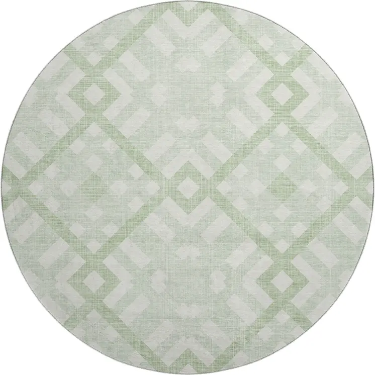 8' Mint Green And Ivory Geometric Washable Round Rug With UV Protection