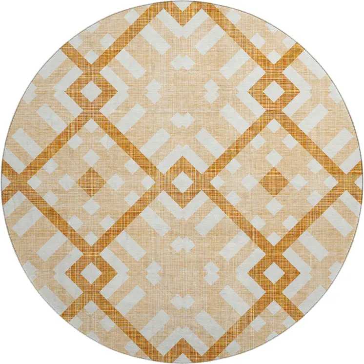 8' Peach And Ivory Geometric Washable Round Rug With UV Protection