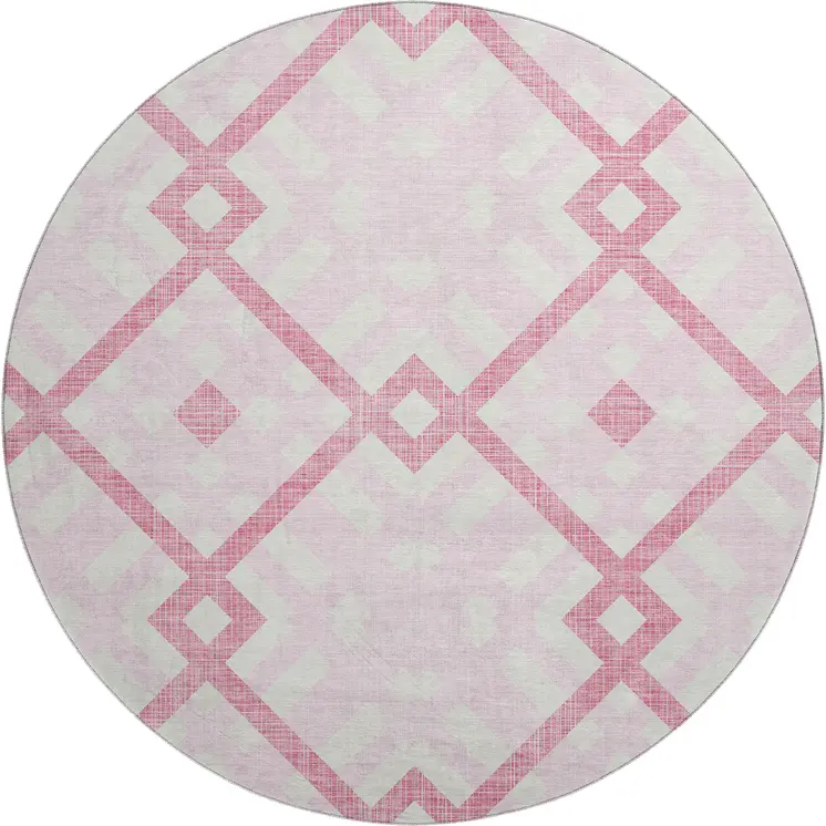 8' Pink And Ivory Geometric Washable Round Rug With UV Protection