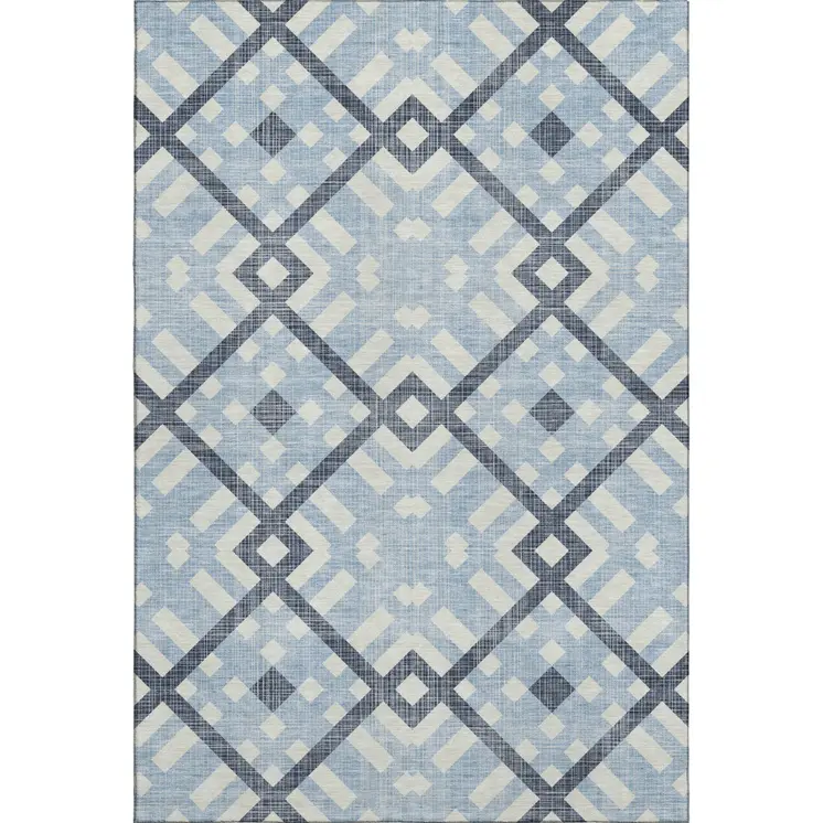 5' X 8' Sky Blue And Ivory Geometric Washable Area Rug With UV Protection