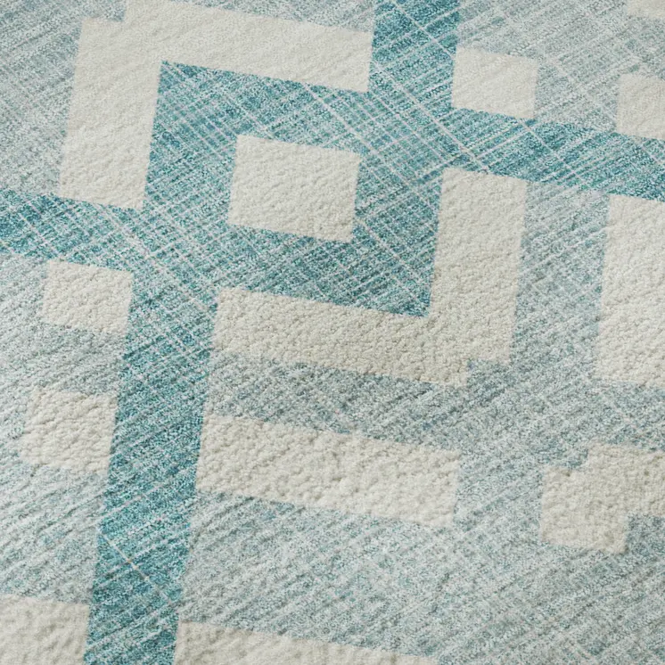 5' X 8' Teal And Ivory Geometric Washable Area Rug With UV Protection