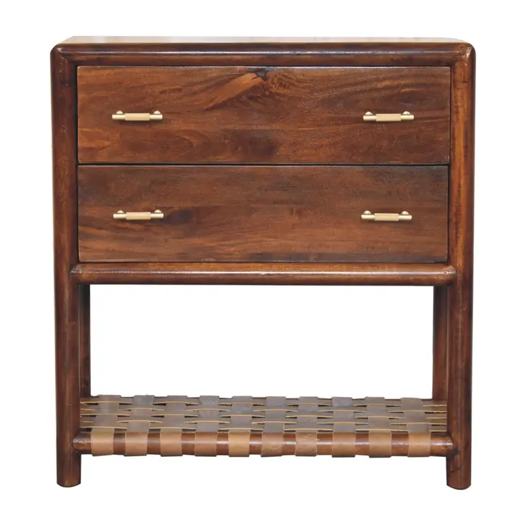 32" Brown Solid Wood Two Drawer Nightstand With Leather Shelf