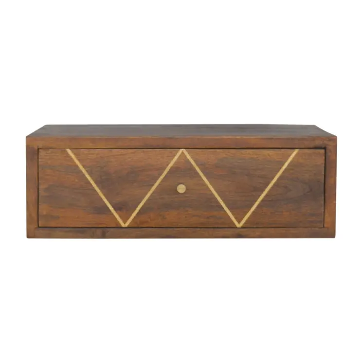 18" Brown Solid Wood Geometric Brass Inlay One Drawer Floating Nightstand