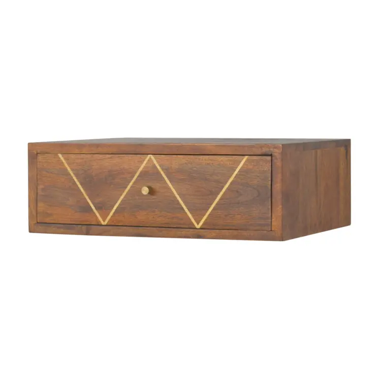 18" Brown Solid Wood Geometric Brass Inlay One Drawer Floating Nightstand
