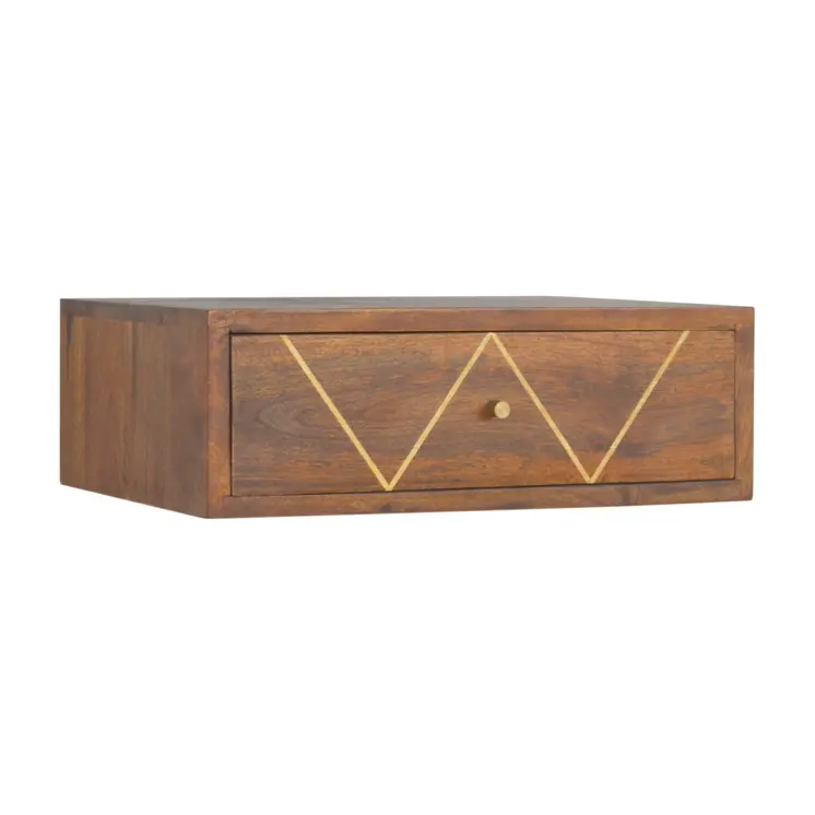 18" Brown Solid Wood Geometric Brass Inlay One Drawer Floating Nightstand