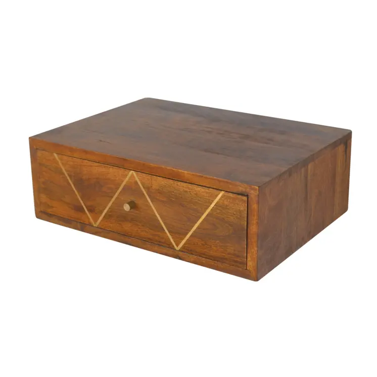 18" Brown Solid Wood Geometric Brass Inlay One Drawer Floating Nightstand