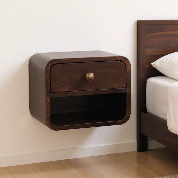 16" Walnut Solid Wood Round One Drawer Floating Nightstand