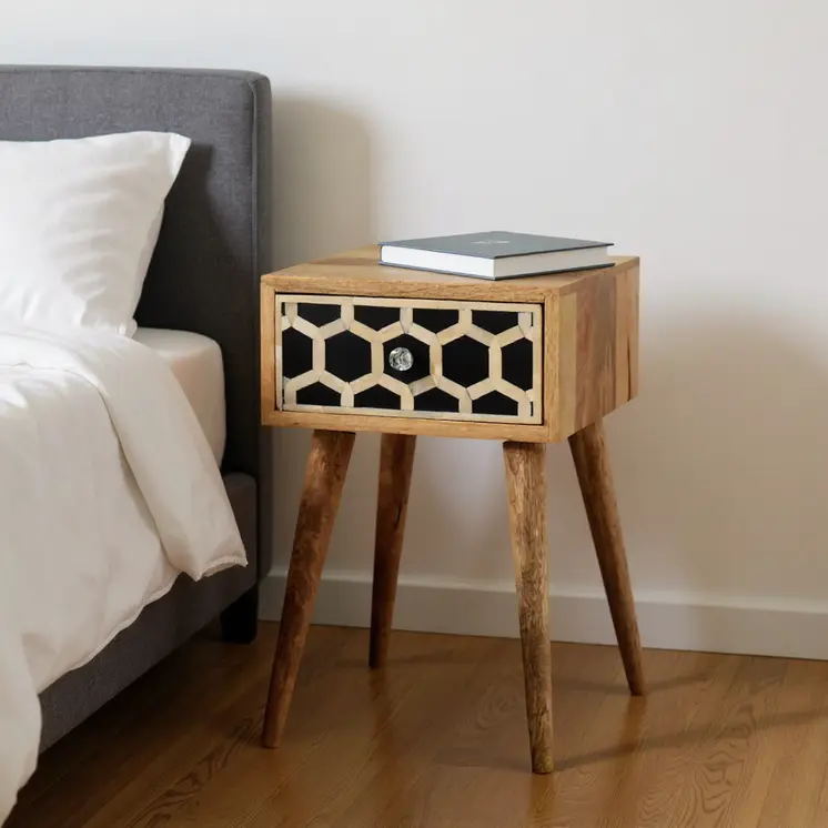 20" Black White And Brown Solid Wood Geometric Bone Inlay One Drawer Nightstand