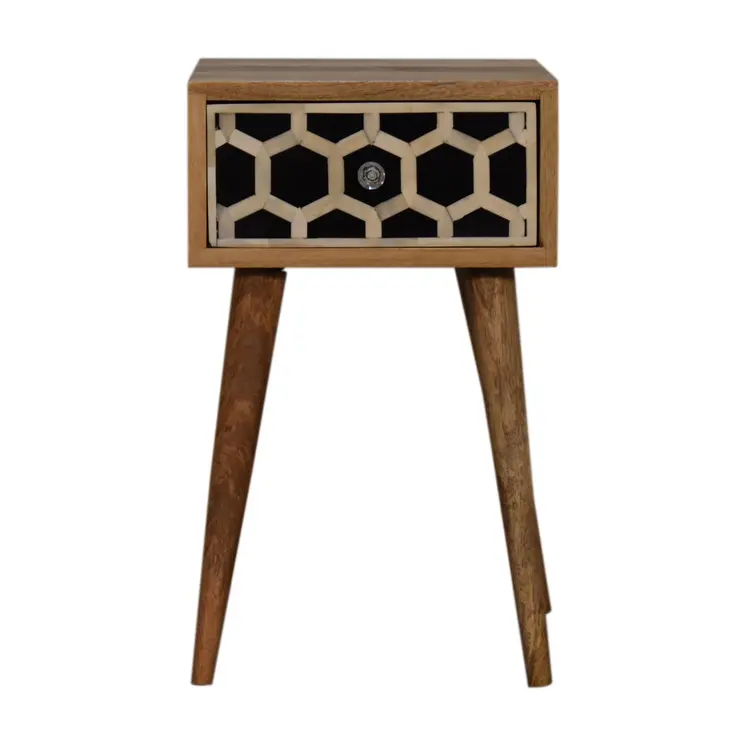 20" Black White And Brown Solid Wood Geometric Bone Inlay One Drawer Nightstand