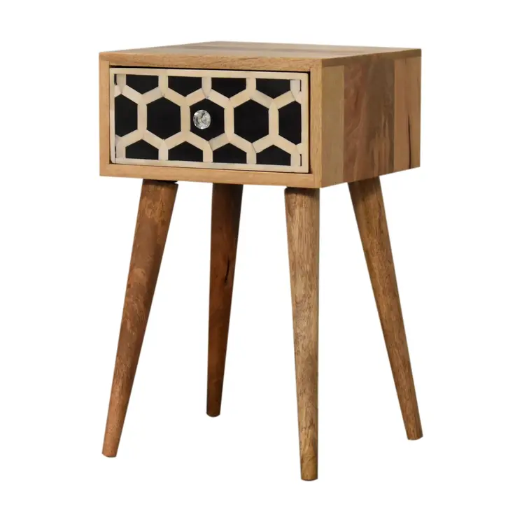 20" Black White And Brown Solid Wood Geometric Bone Inlay One Drawer Nightstand