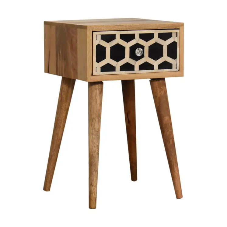 20" Black White And Brown Solid Wood Geometric Bone Inlay One Drawer Nightstand