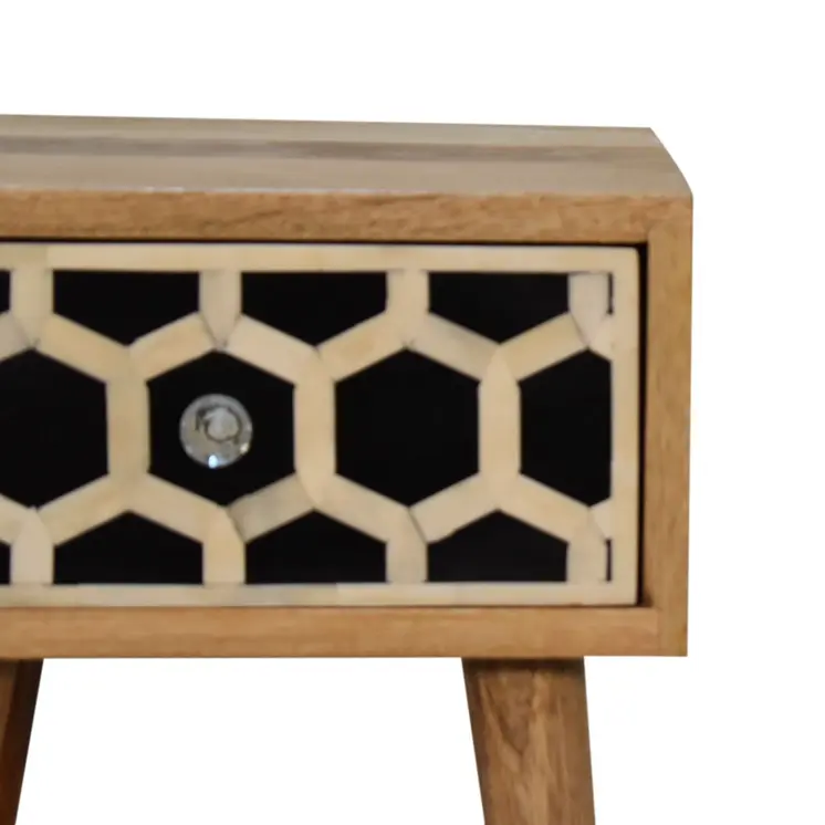 20" Black White And Brown Solid Wood Geometric Bone Inlay One Drawer Nightstand