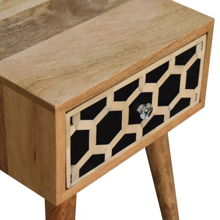 20" Black White And Brown Solid Wood Geometric Bone Inlay One Drawer Nightstand