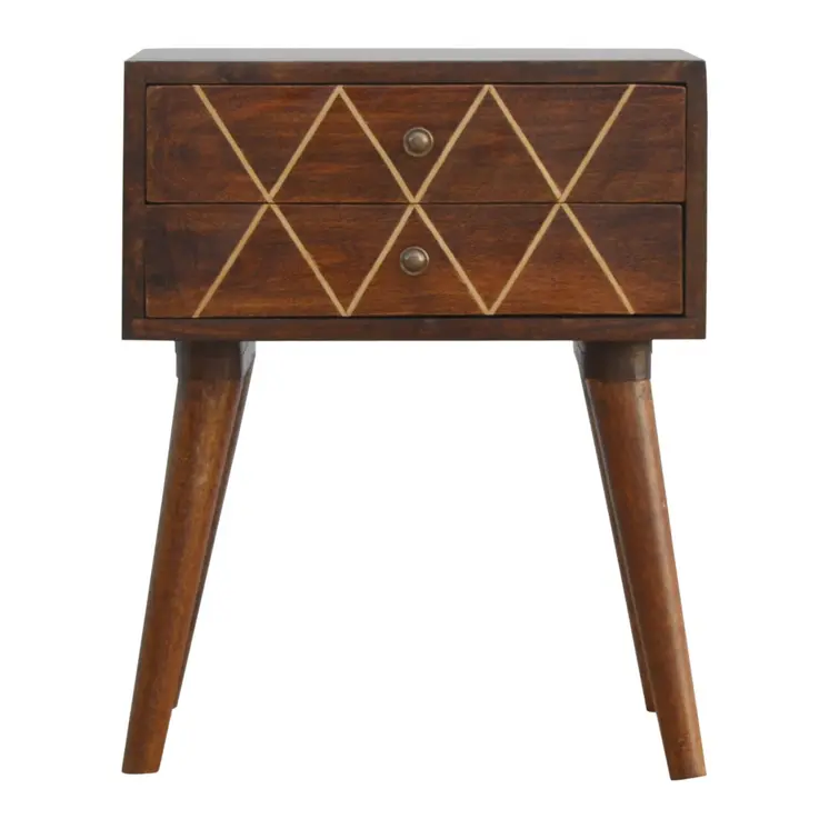 22" Chestnut Solid Wood Geometric Brass Inlay Two Drawer Nightstand