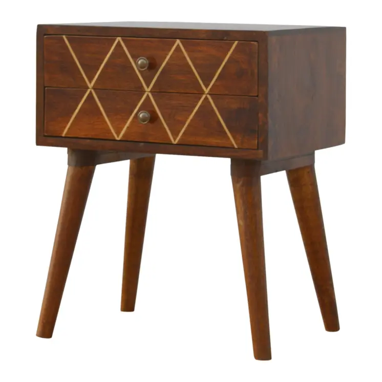 22" Chestnut Solid Wood Geometric Brass Inlay Two Drawer Nightstand