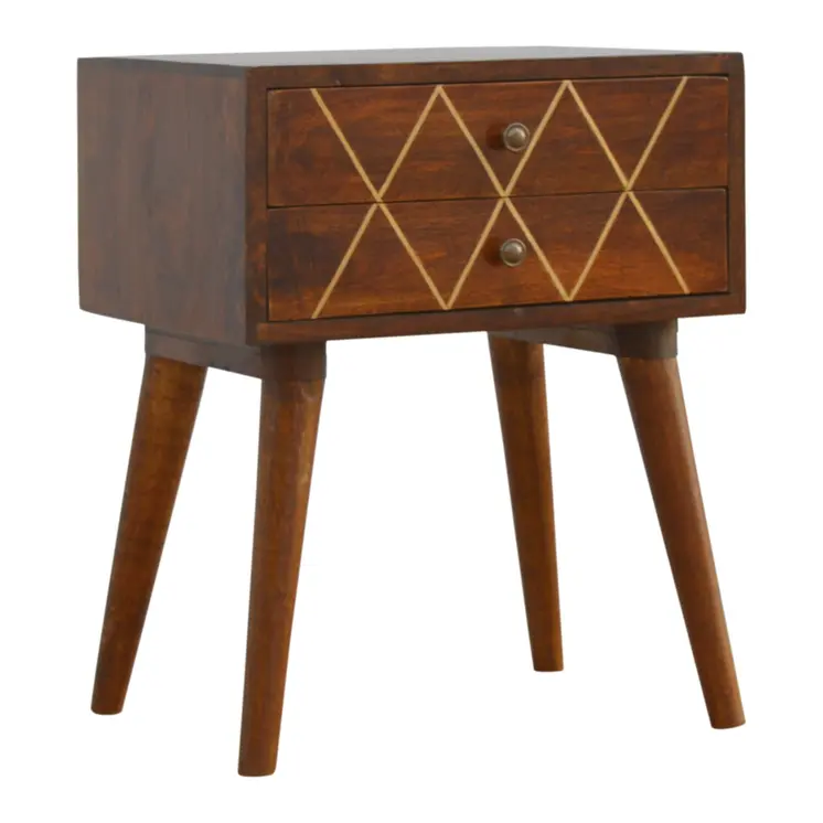 22" Chestnut Solid Wood Geometric Brass Inlay Two Drawer Nightstand